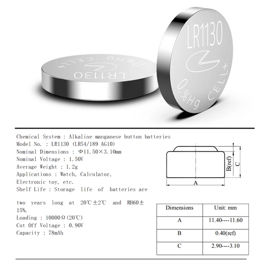 PKCell Alkalna gumbna baterija AG10 / LR54 / 189 / L1130 / LR1130 1.5V / 75mAh - 10 kosov