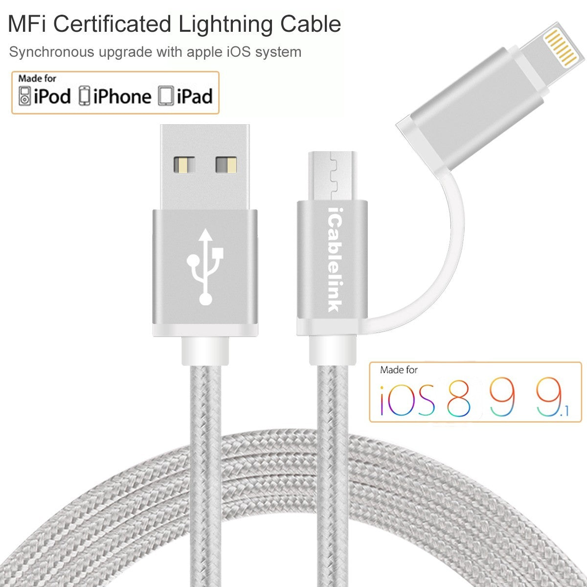 Micro USB in lightning kabel MFI certifikat 100 cm za iphone 5, 6, 7, 8...