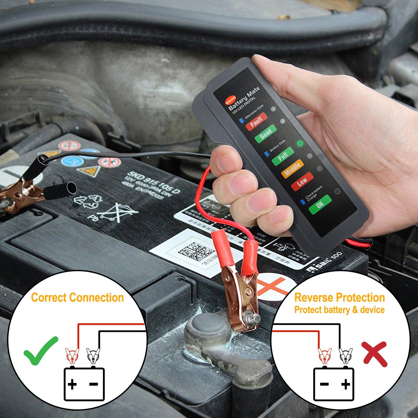 Mini tester 12V akumulatorja alternatorja s 6 LED lučkami diagnostično orodje za avtomobilski akumulator baterijo