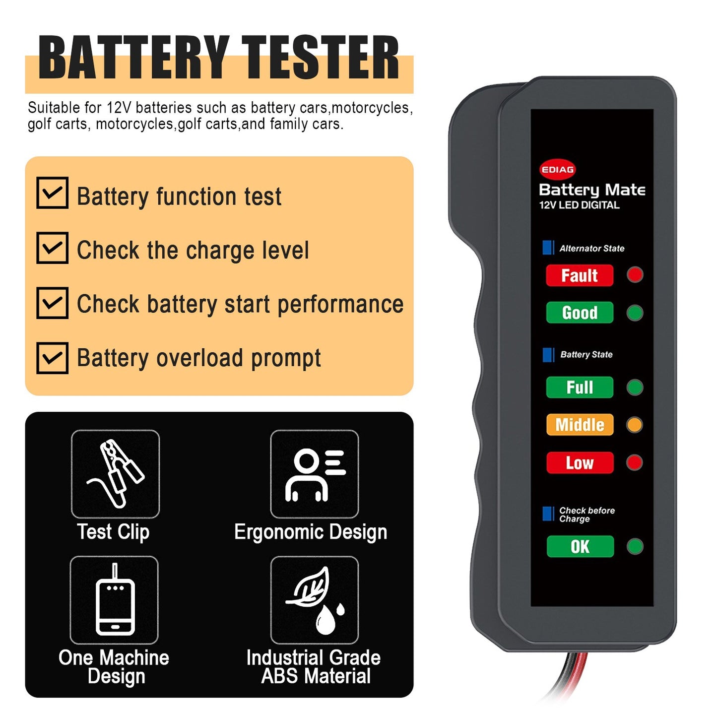 Mini tester 12V akumulatorja alternatorja s 6 LED lučkami diagnostično orodje za avtomobilski akumulator baterijo