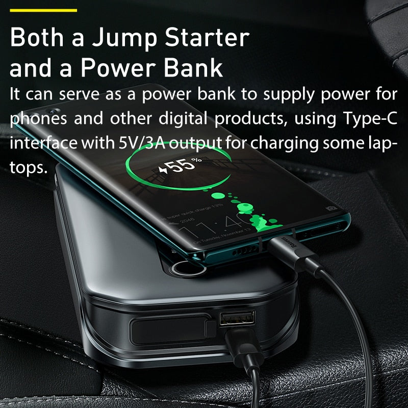 Baseus akumulatorska stanica za hitno paljenje motora 1000A za motore do 3,5L dizel i 6L benzin Power Bank 12000mAh