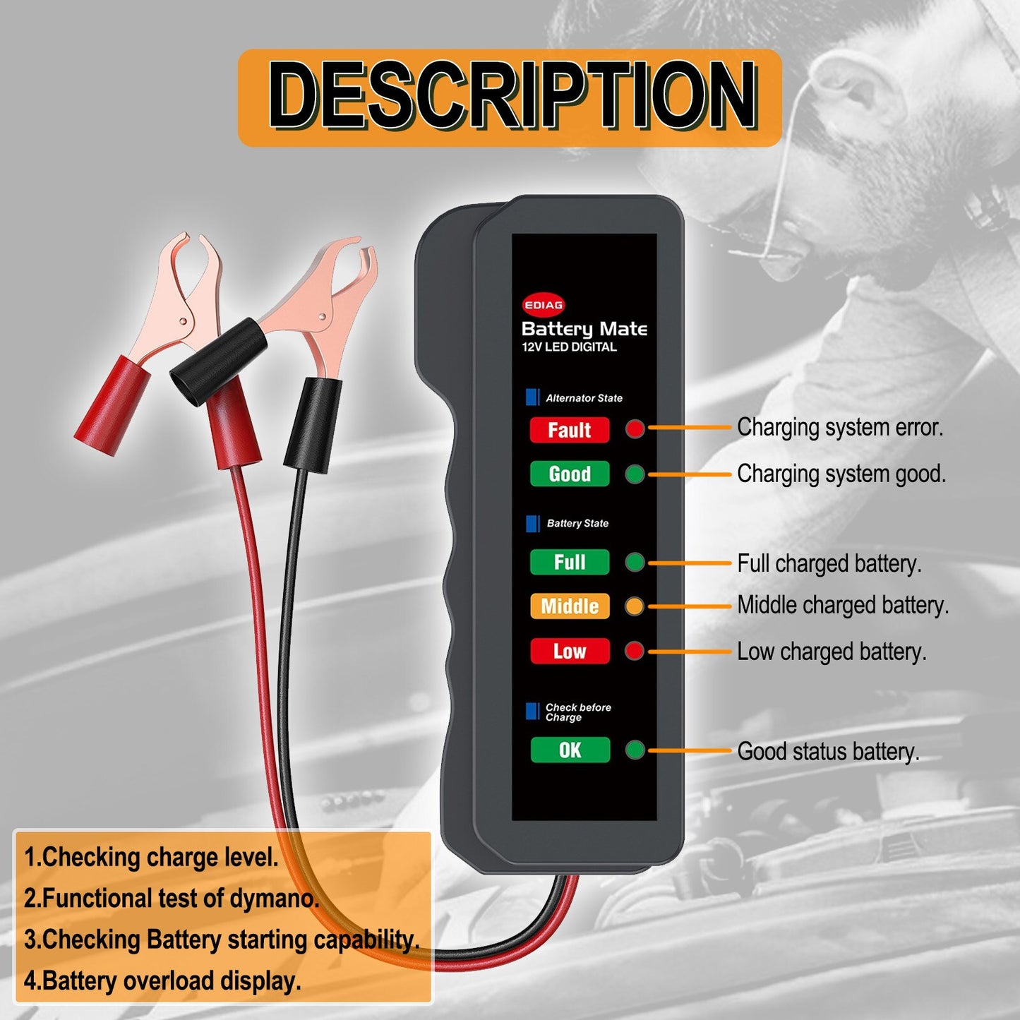 Mini tester 12V akumulatorja alternatorja s 6 LED lučkami diagnostično orodje za avtomobilski akumulator baterijo