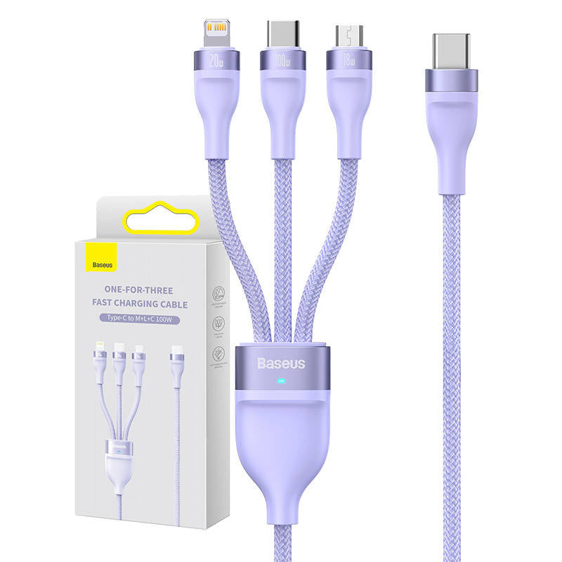 Kabel USB 3w1 Baseus Flash Series 2, USB-C + micro USB + Lightning, 100 W, 1,5 m (fioletowy)