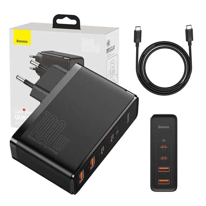 Baseus GaN5 Pro omrežni polnilnik, USB-C + USB, 100 W + kabel (črn)