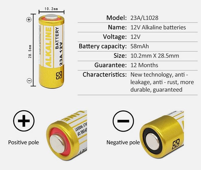 Baterija 23A 12V - 1 kos - znana tudi kot: 8F10R 8LR23 8LR932 CA20 K23A L1028 23AE 21/23 A23 12V 23GA