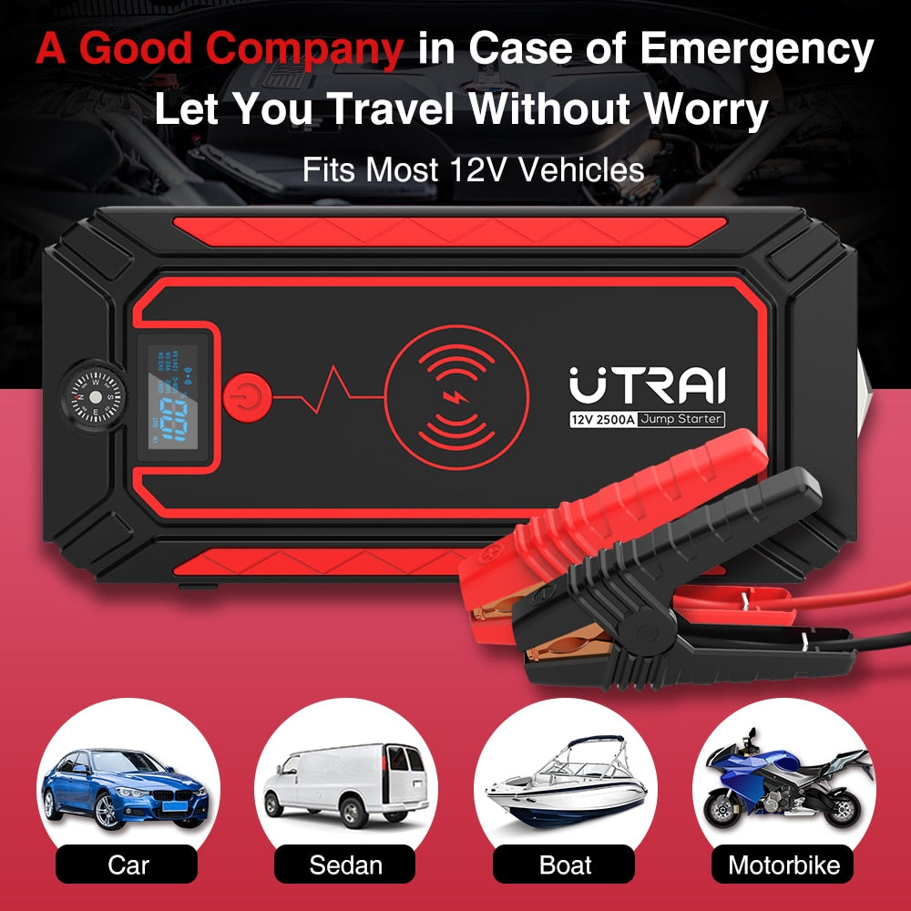 UTRAI 2500A Power Bank za vžig motorja avtomobila 10W Wireless Charging LCD Screen Safety Hammer Car Starting Device